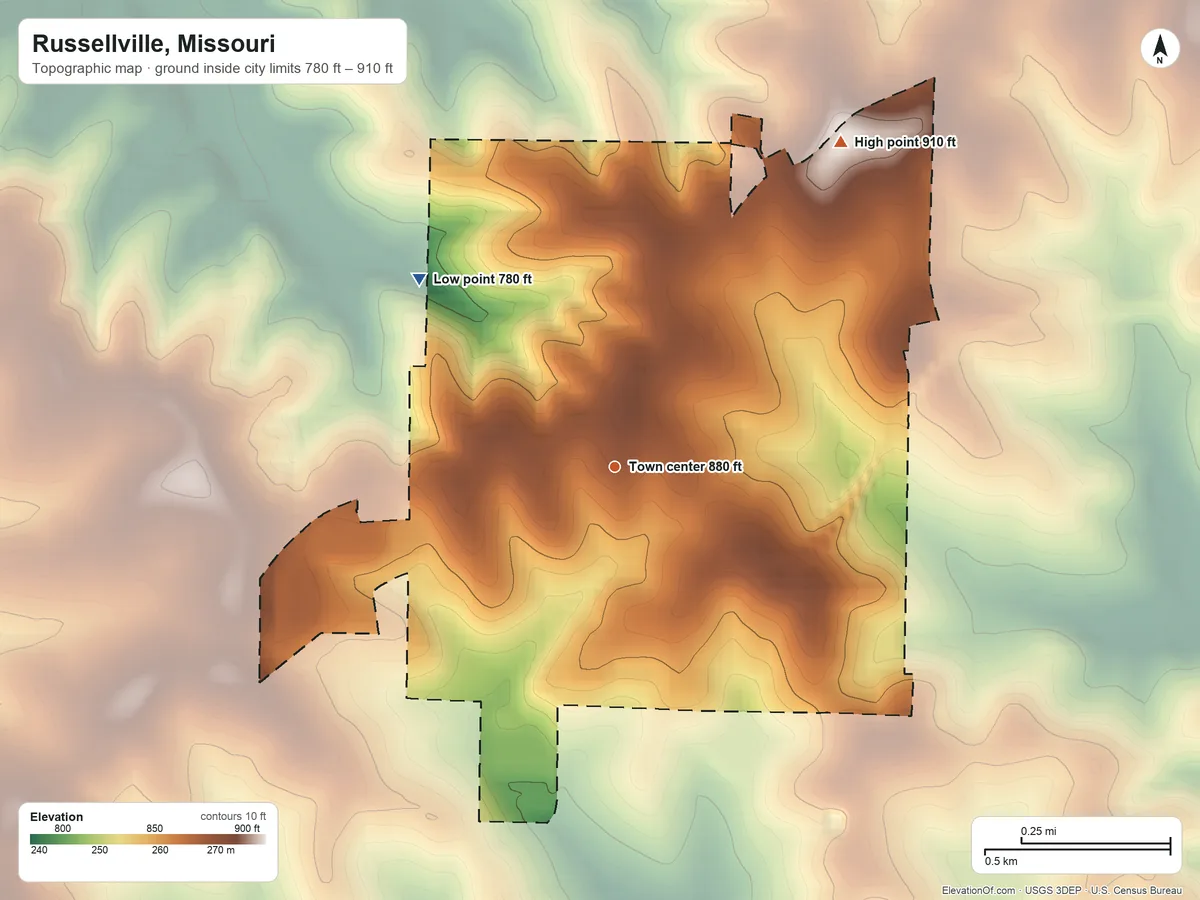 Topographic elevation map of Russellville, Missouri, shaded from 780 ft on the northwest side to 910 ft on the northeast side