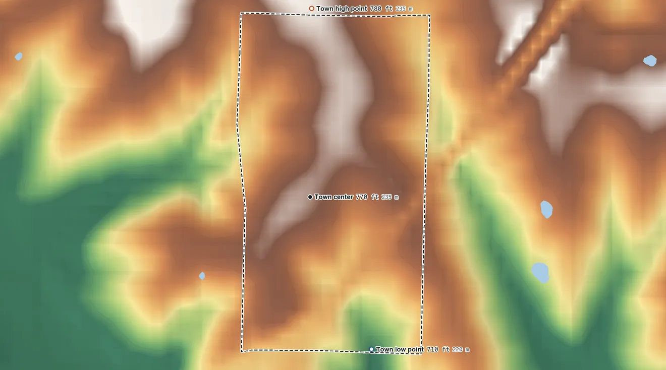 Topographic elevation map of Rutledge, Missouri, shaded from 710 ft on the south side to 780 ft on the north side
