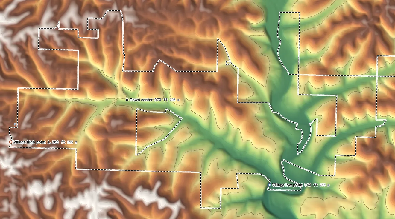 Topographic elevation map of Saddlebrooke, Missouri, shaded from 840 ft on the southeast side to 1,300 ft on the west side