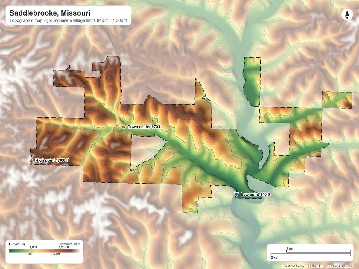 Topographic elevation map of Saddlebrooke, Missouri, shaded from 840 ft on the southeast side to 1,300 ft on the west side