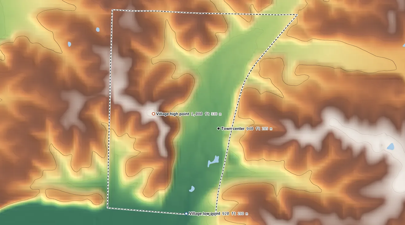 Topographic elevation map of Saginaw, Missouri, shaded from 920 ft on the south side to 1,080 ft on the west side