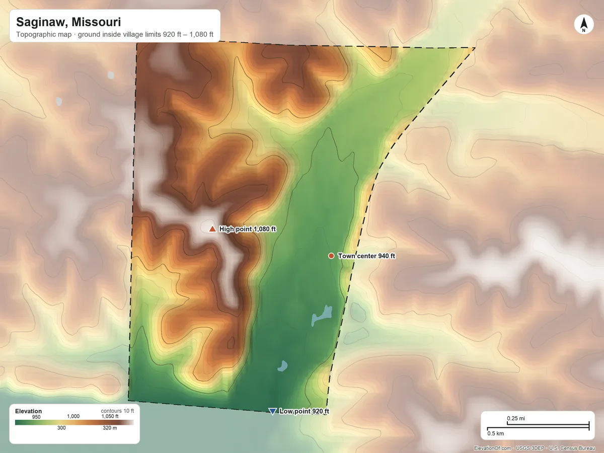 Topographic elevation map of Saginaw, Missouri, shaded from 920 ft on the south side to 1,080 ft on the west side