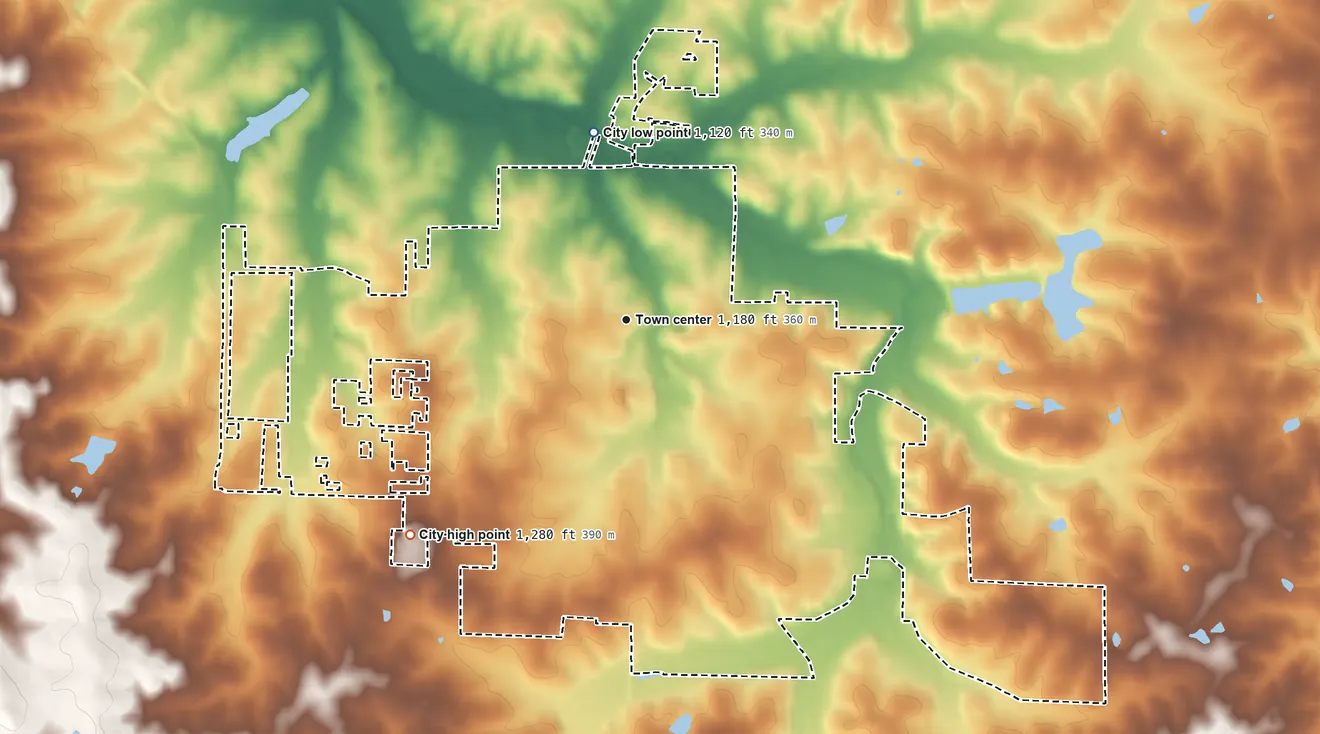 Topographic elevation map of Salem, Missouri, shaded from 1,120 ft on the north side to 1,280 ft on the southwest side