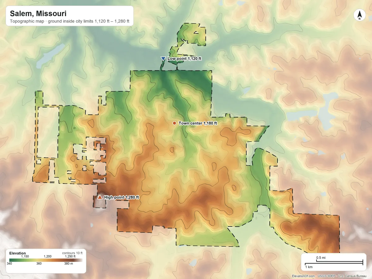 Topographic elevation map of Salem, Missouri, shaded from 1,120 ft on the north side to 1,280 ft on the southwest side