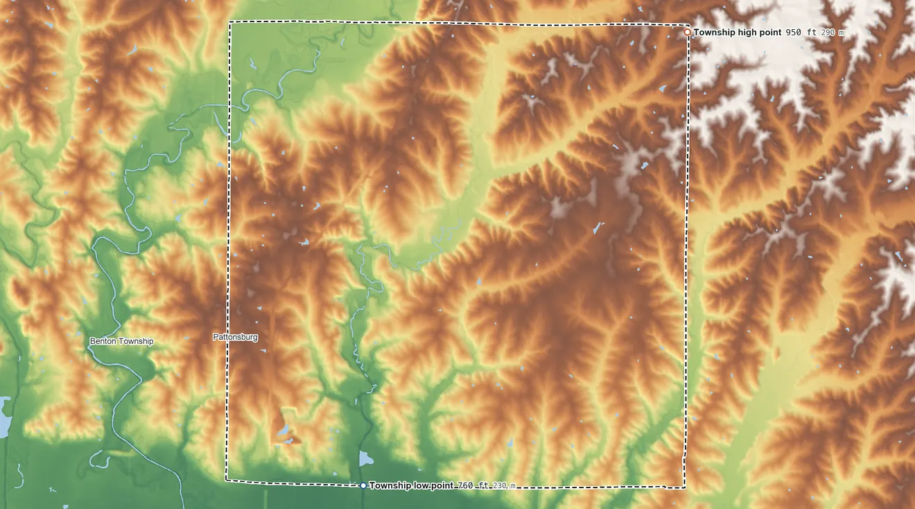 Topographic elevation map of Salem Township, Daviess County, Missouri, shaded from 760 ft on the southwest side to 950 ft on the northeast side