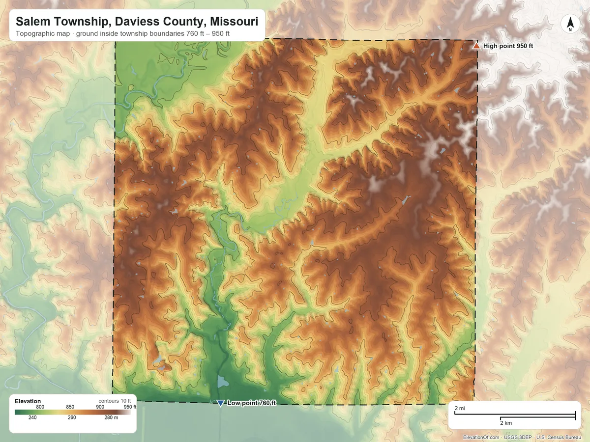 Topographic elevation map of Salem Township, Daviess County, Missouri, shaded from 760 ft on the southwest side to 950 ft on the northeast side