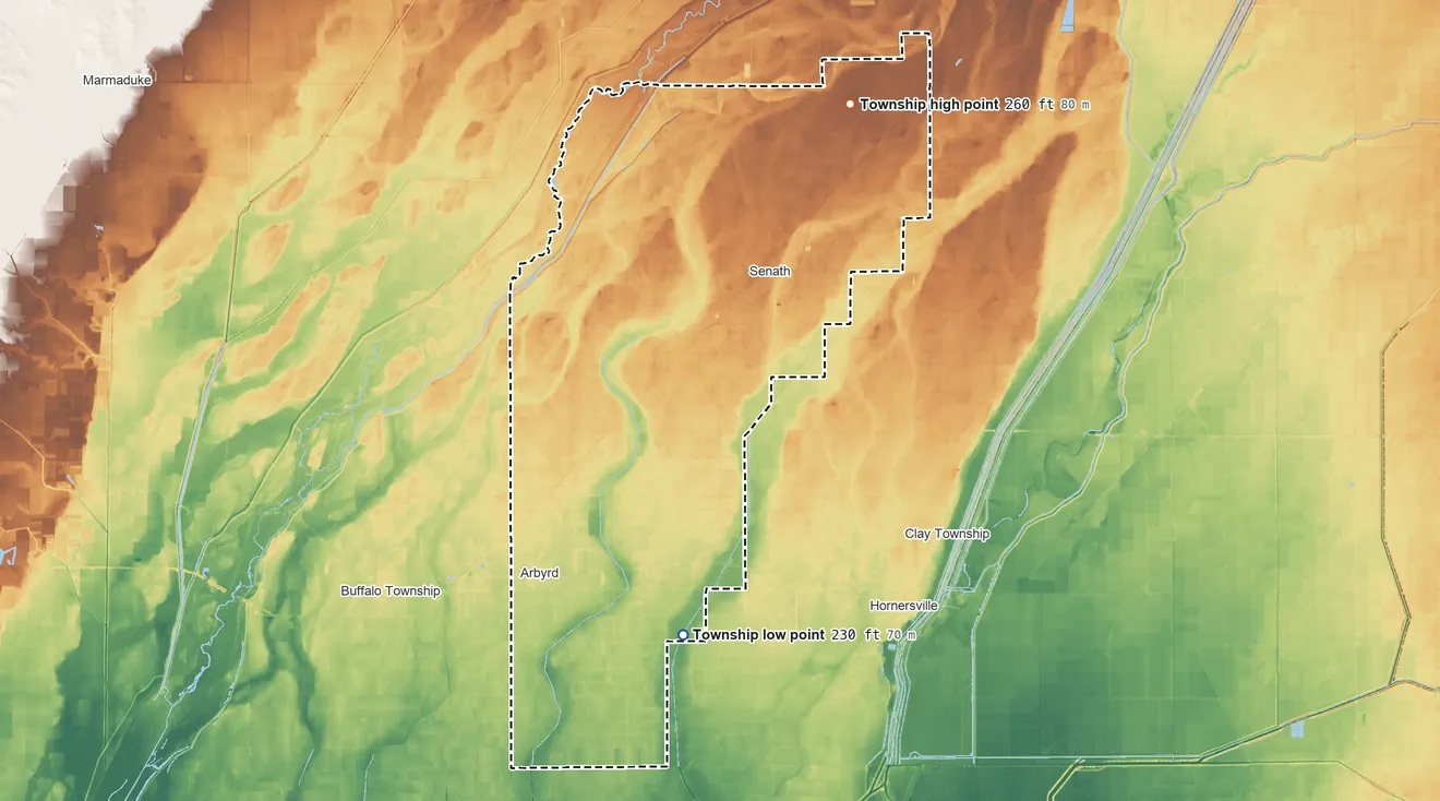 Topographic elevation map of Salem Township, Missouri, shaded from 230 ft on the south side to 260 ft on the northeast side