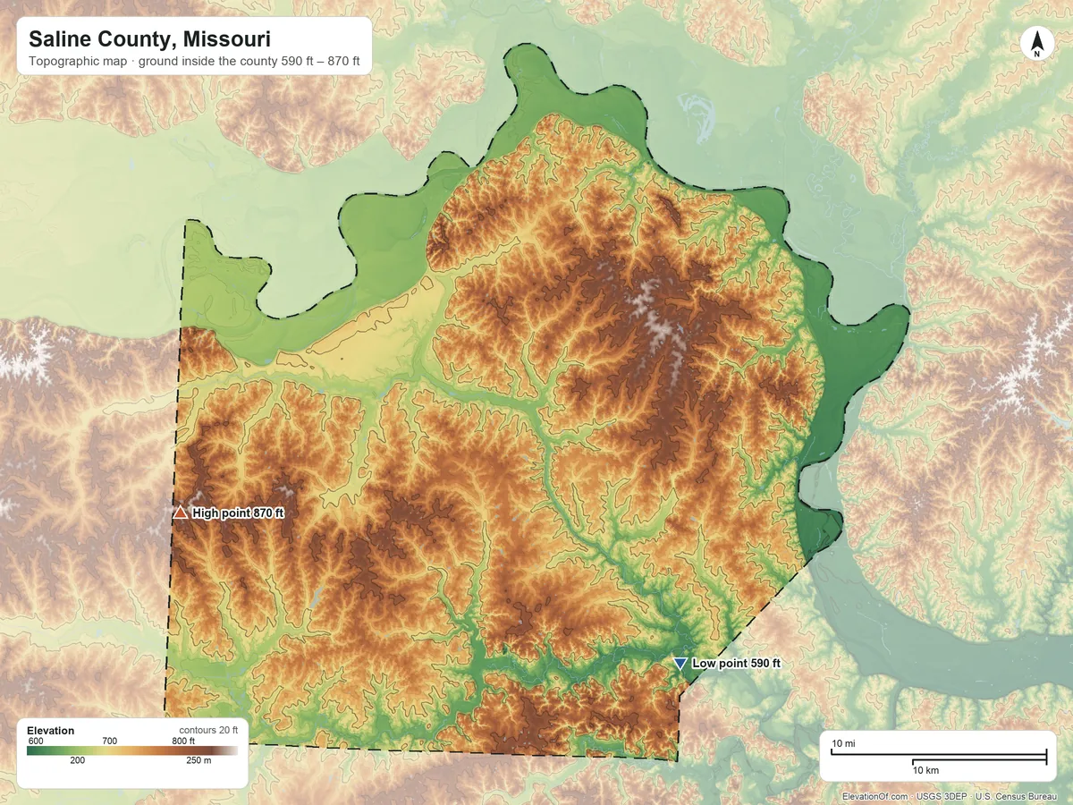Topographic elevation map of Saline County, Missouri, shaded from 590 ft on the southeast side to 870 ft on the west side