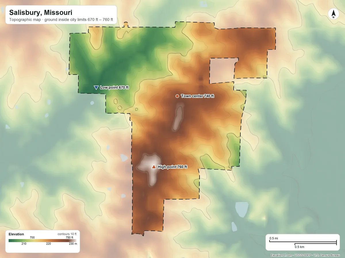 Topographic elevation map of Salisbury, Missouri, shaded from 670 ft on the west side to 760 ft on the south side