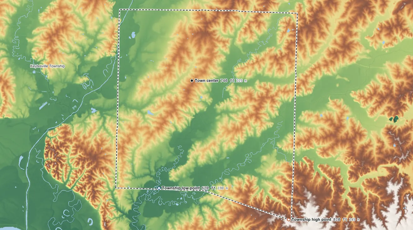 Topographic elevation map of Salisbury Township, Missouri, shaded from 620 ft on the south side to 810 ft on the southeast side