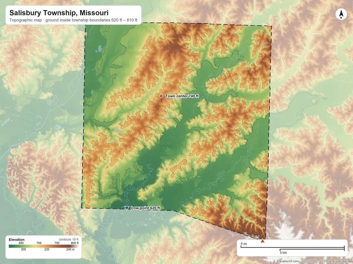 Topographic elevation map of Salisbury Township, Missouri, shaded from 620 ft on the south side to 810 ft on the southeast side