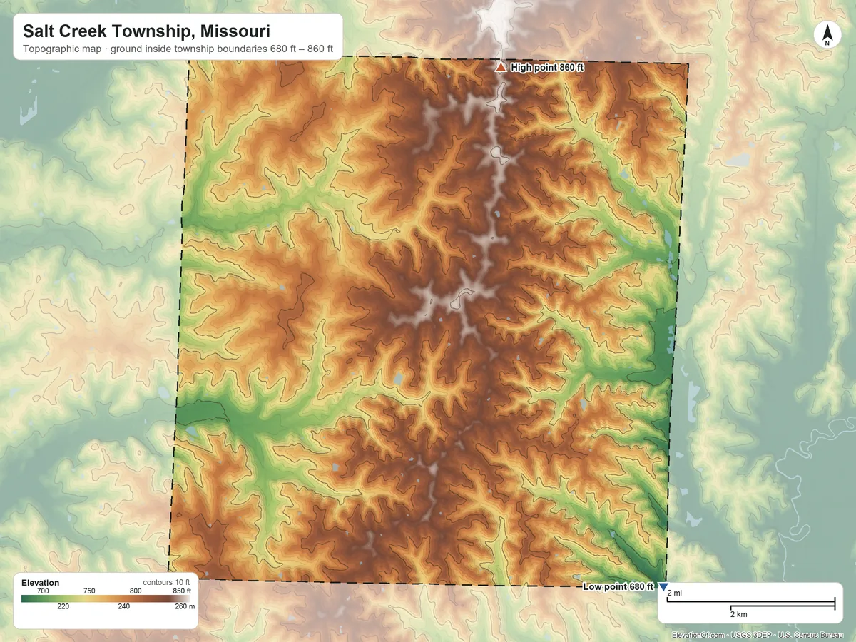 Topographic elevation map of Salt Creek Township, Missouri, shaded from 680 ft on the southeast side to 860 ft on the north side