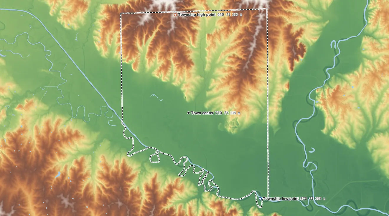 Topographic elevation map of Sampsel Township, Missouri, shaded from 670 ft on the southeast side to 950 ft on the north side