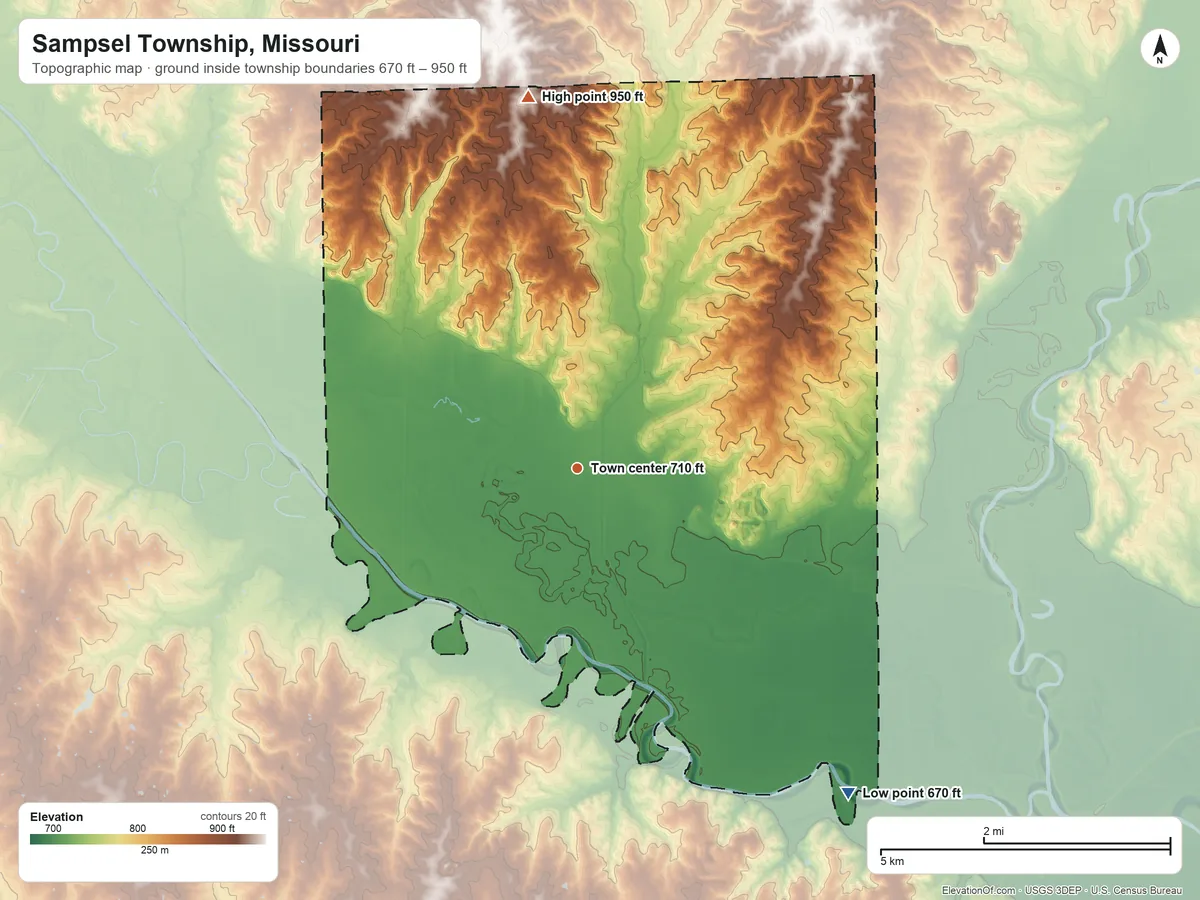 Topographic elevation map of Sampsel Township, Missouri, shaded from 670 ft on the southeast side to 950 ft on the north side