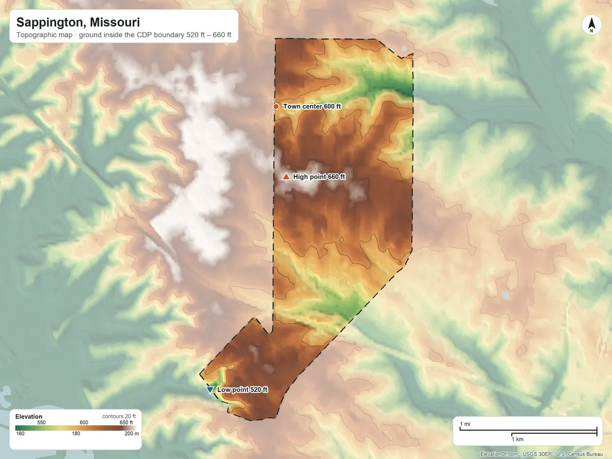 Topographic elevation map of Sappington, Missouri, shaded from 520 ft on the south side to 660 ft on the south side