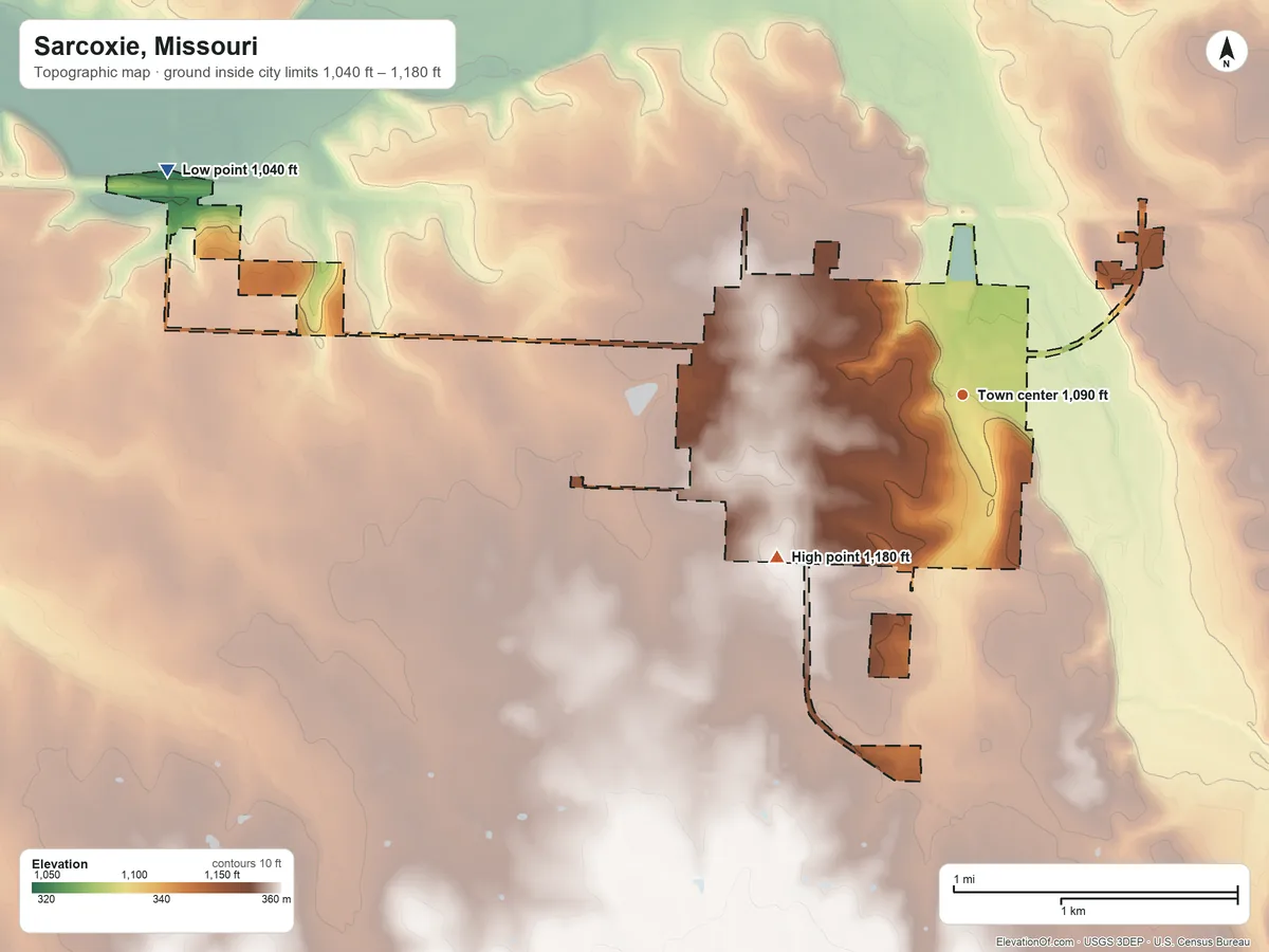 Topographic elevation map of Sarcoxie, Missouri, shaded from 1,040 ft on the west side to 1,180 ft on the southwest side