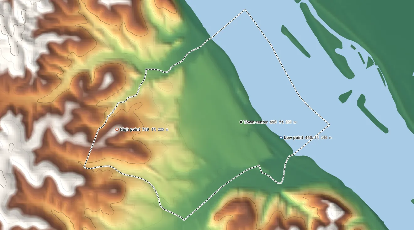 Topographic elevation map of Saverton, Missouri, shaded from 460 ft on the east side to 730 ft on the west side