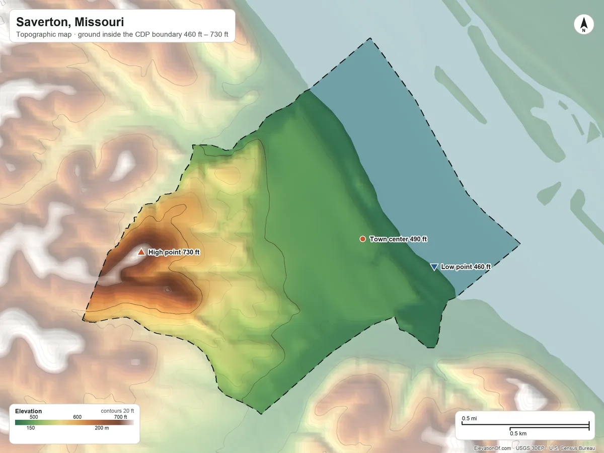 Topographic elevation map of Saverton, Missouri, shaded from 460 ft on the east side to 730 ft on the west side