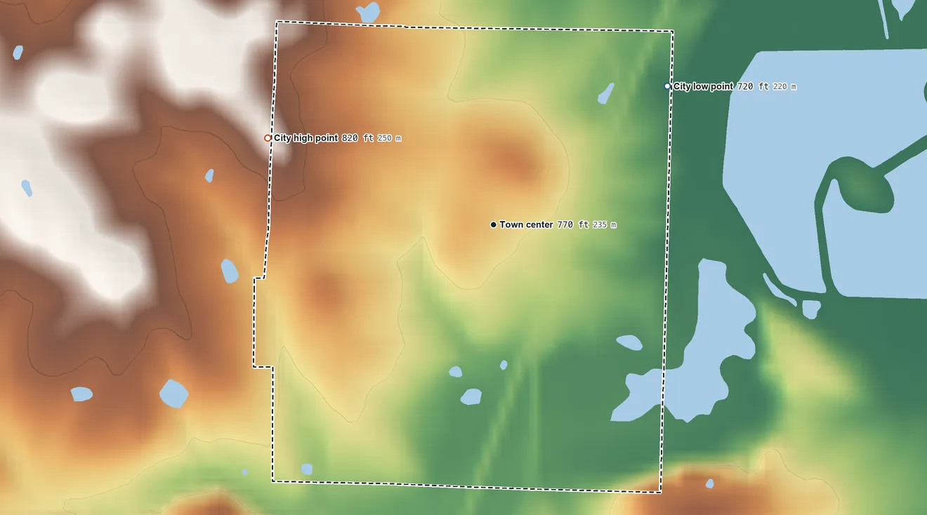 Topographic elevation map of Schell City, Missouri, shaded from 720 ft on the northeast side to 820 ft on the west side