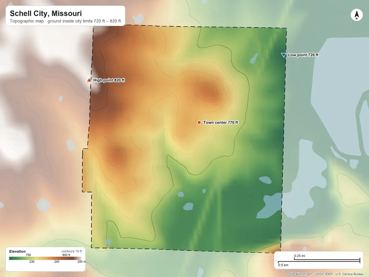 Topographic elevation map of Schell City, Missouri, shaded from 720 ft on the northeast side to 820 ft on the west side