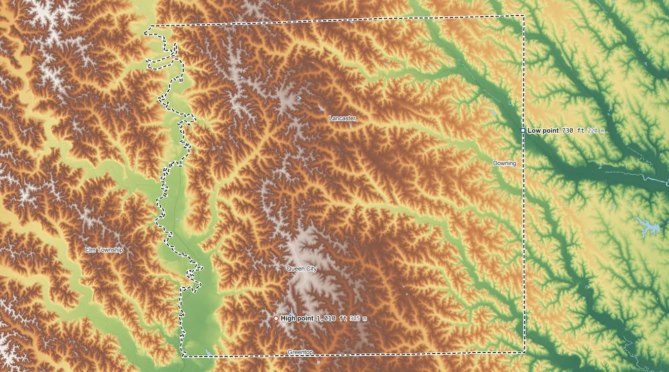 Topographic elevation map of Schuyler County, Missouri, shaded from 730 ft on the east side to 1,010 ft on the southwest side