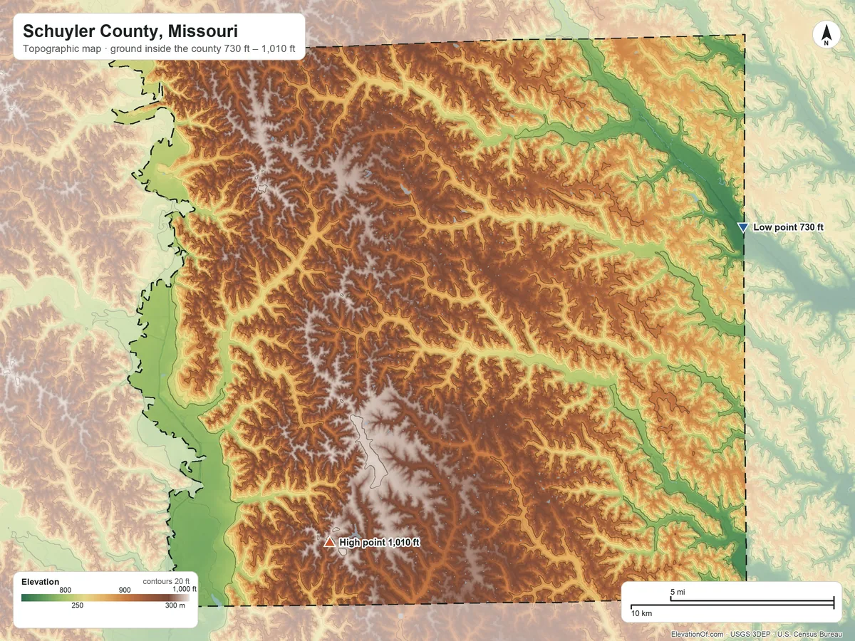 Topographic elevation map of Schuyler County, Missouri, shaded from 730 ft on the east side to 1,010 ft on the southwest side