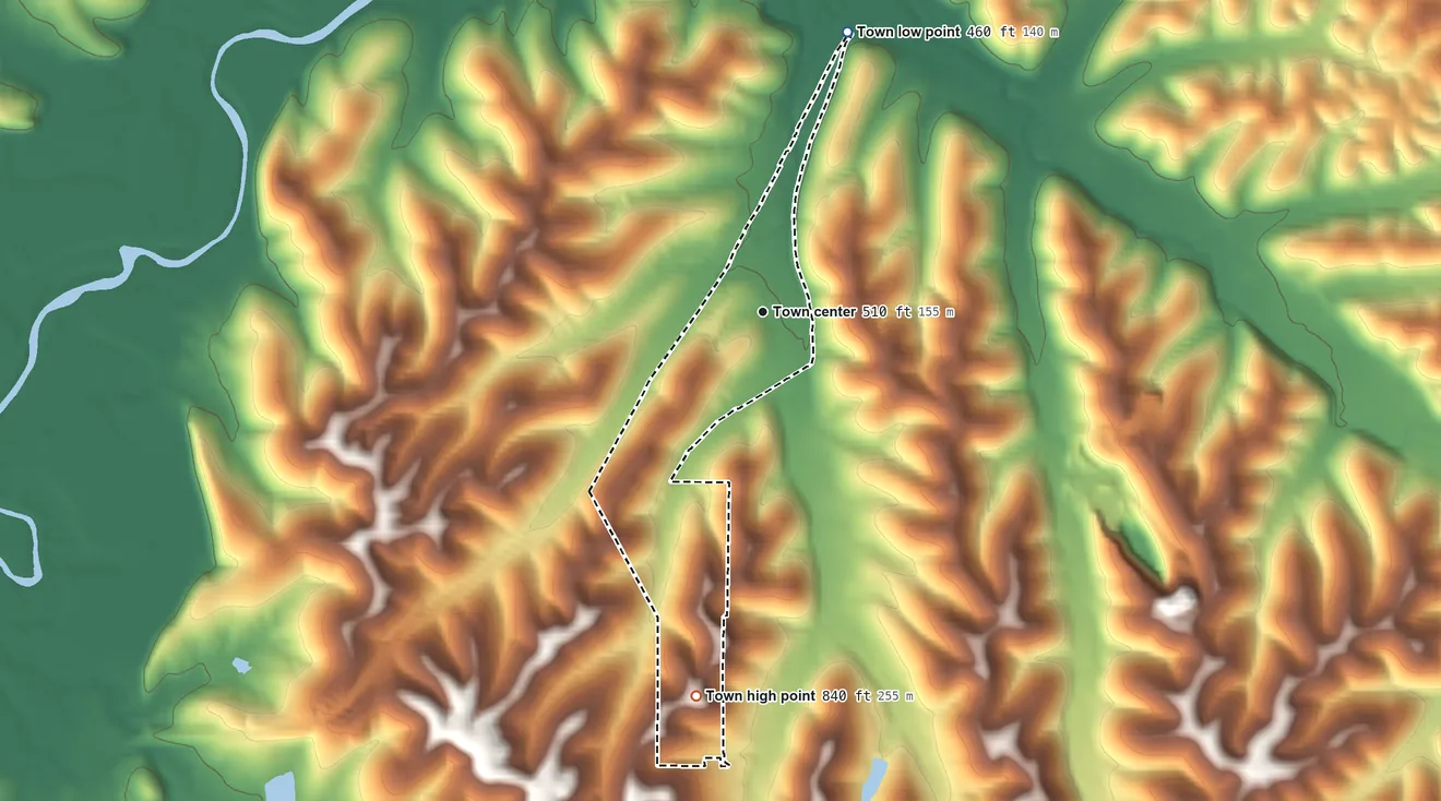 Topographic elevation map of Scotsdale, Missouri, shaded from 460 ft on the north side to 840 ft on the south side