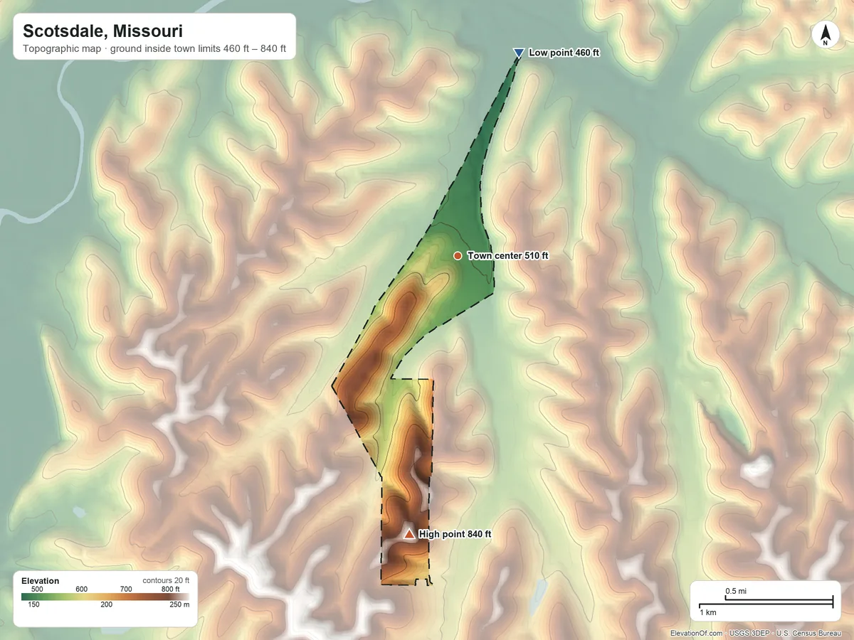 Topographic elevation map of Scotsdale, Missouri, shaded from 460 ft on the north side to 840 ft on the south side