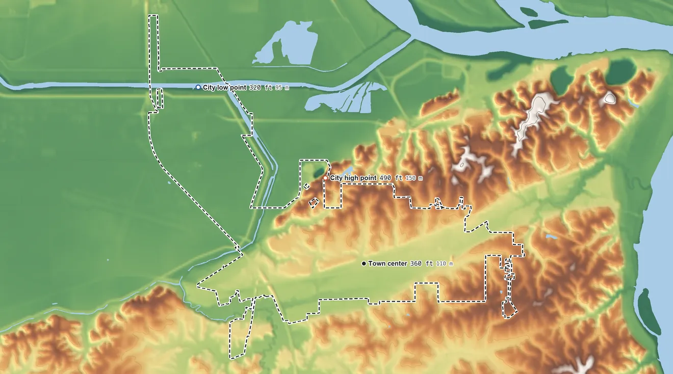 Topographic elevation map of Scott City, Missouri, shaded from 320 ft on the northwest side to 490 ft on the northwest side