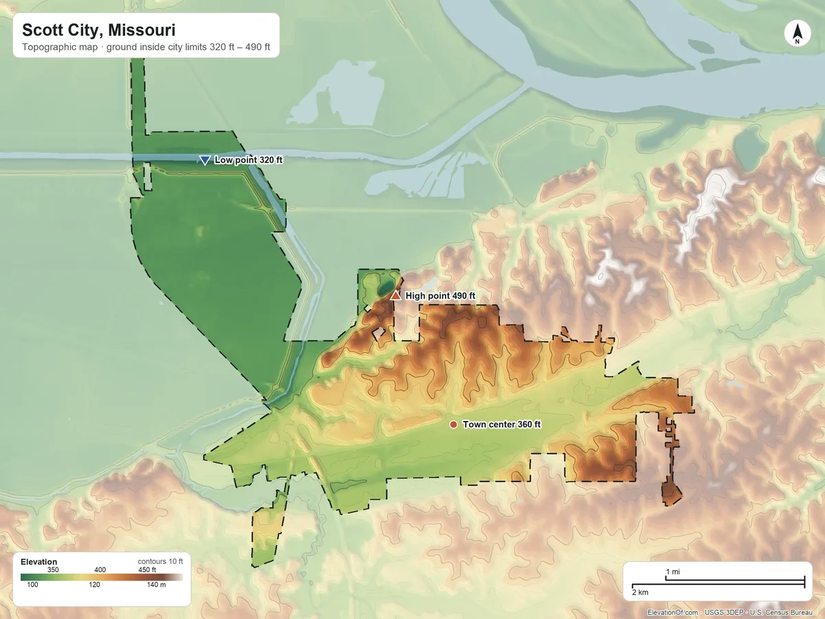 Topographic elevation map of Scott City, Missouri, shaded from 320 ft on the northwest side to 490 ft on the northwest side