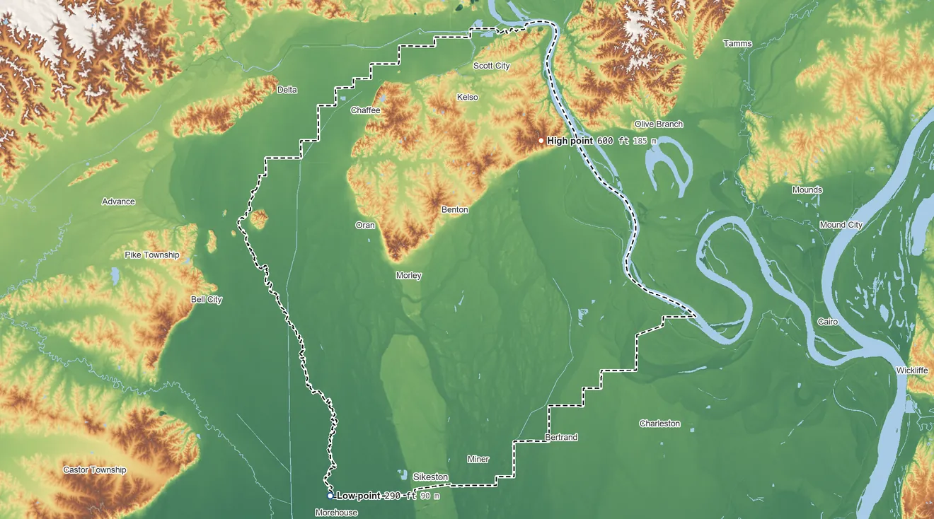 Topographic elevation map of Scott County, Missouri, shaded from 290 ft on the southwest side to 600 ft on Jackson Hill