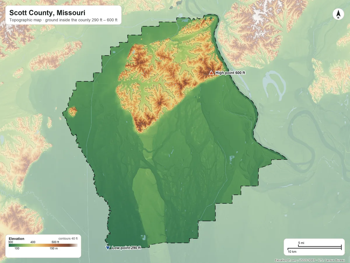 Topographic elevation map of Scott County, Missouri, shaded from 290 ft on the southwest side to 600 ft on Jackson Hill
