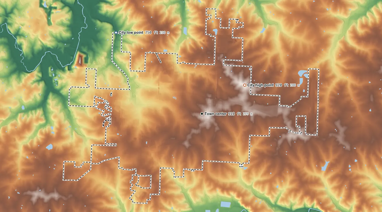 Topographic elevation map of Sedalia, Missouri, shaded from 750 ft on the northwest side to 920 ft on the northeast side