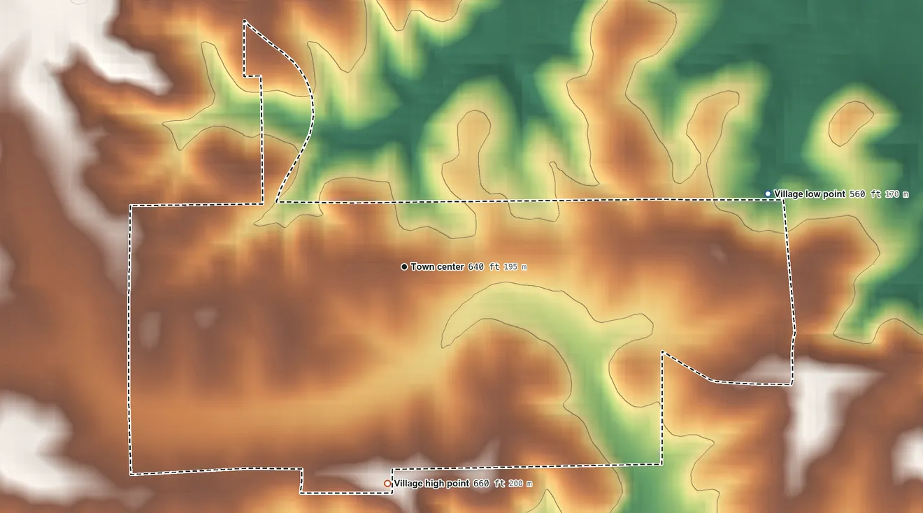 Topographic elevation map of Sedgewickville, Missouri, shaded from 560 ft on the east side to 660 ft on the south side