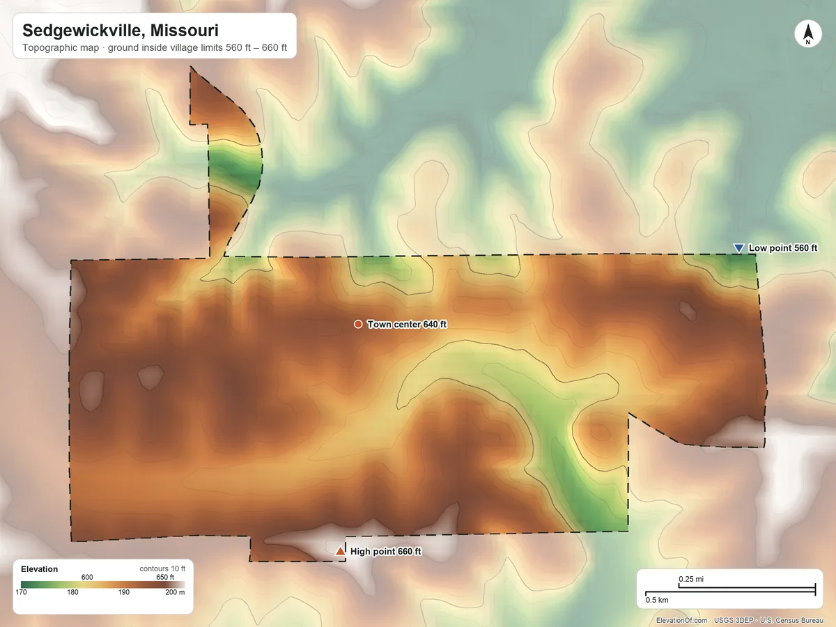 Topographic elevation map of Sedgewickville, Missouri, shaded from 560 ft on the east side to 660 ft on the south side