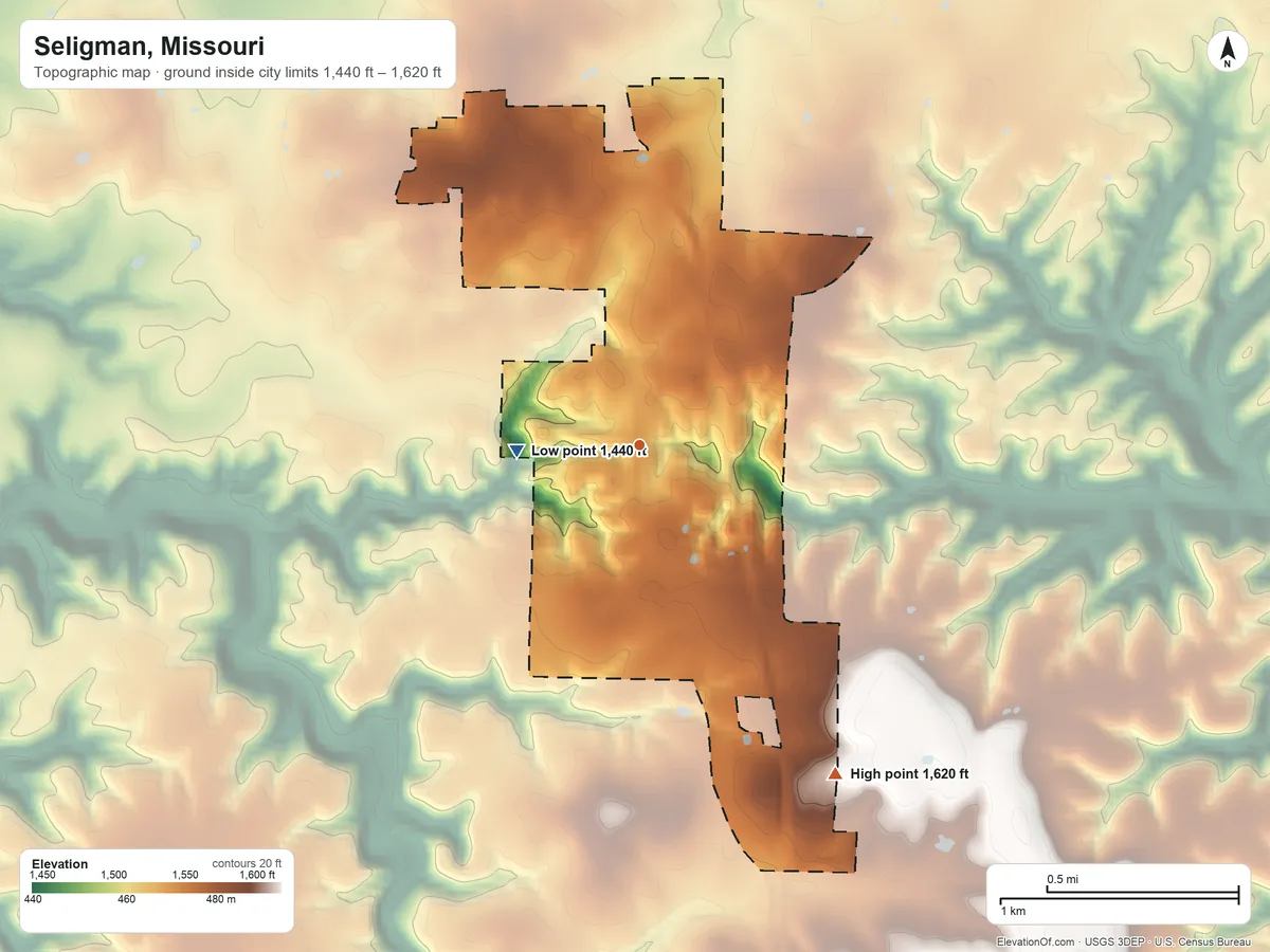 Topographic elevation map of Seligman, Missouri, shaded from 1,440 ft on the west side to 1,620 ft on the southeast side