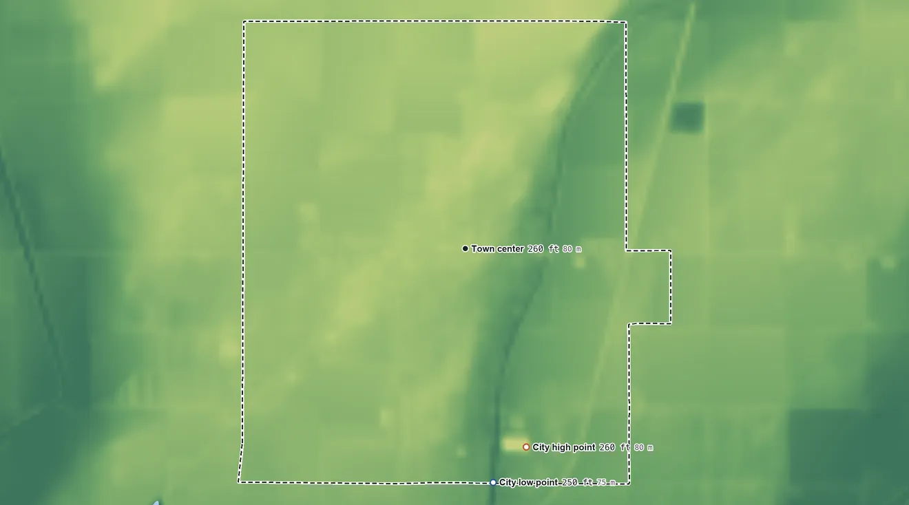 Topographic elevation map of Senath, Missouri, shaded from 250 ft on the south side to 260 ft on the south side