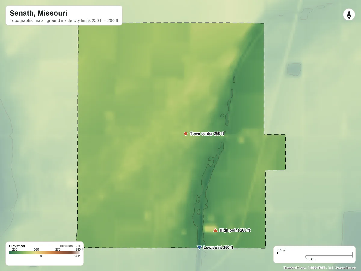 Topographic elevation map of Senath, Missouri, shaded from 250 ft on the south side to 260 ft on the south side