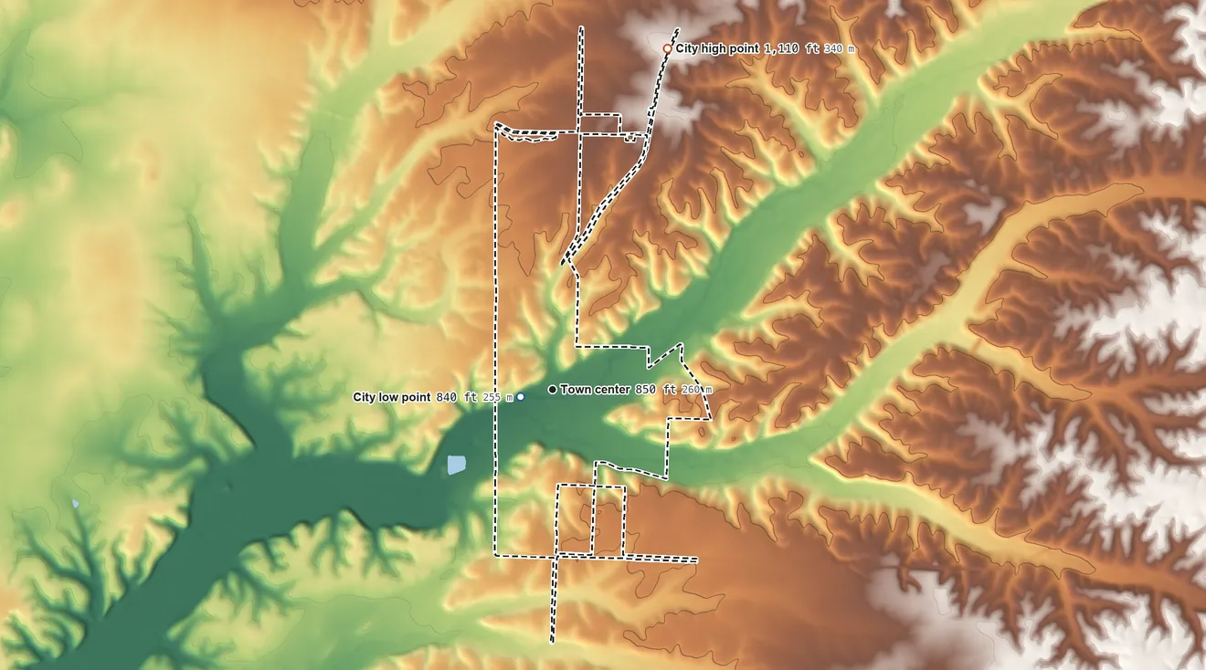 Topographic elevation map of Seneca, Missouri, shaded from 840 ft near the middle to 1,110 ft on the north side
