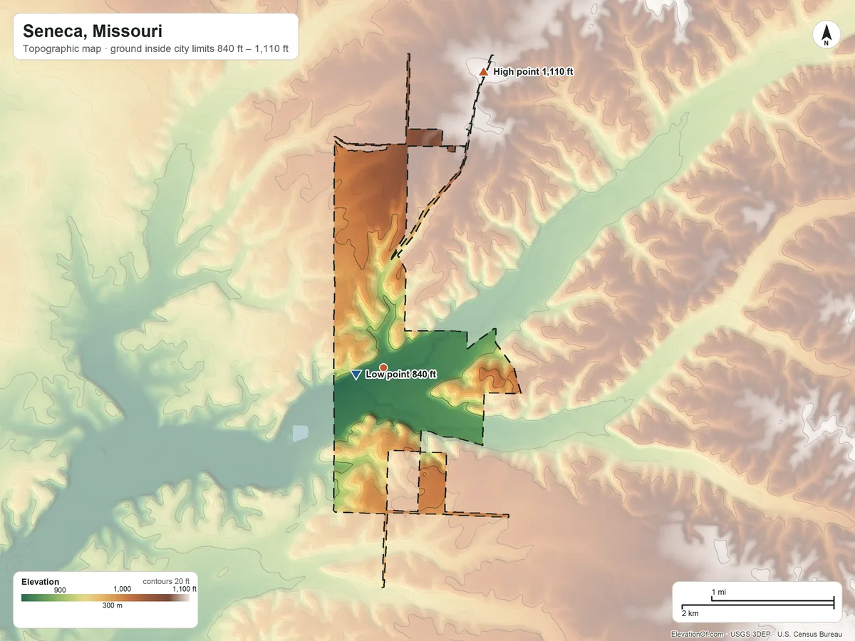Topographic elevation map of Seneca, Missouri, shaded from 840 ft near the middle to 1,110 ft on the north side