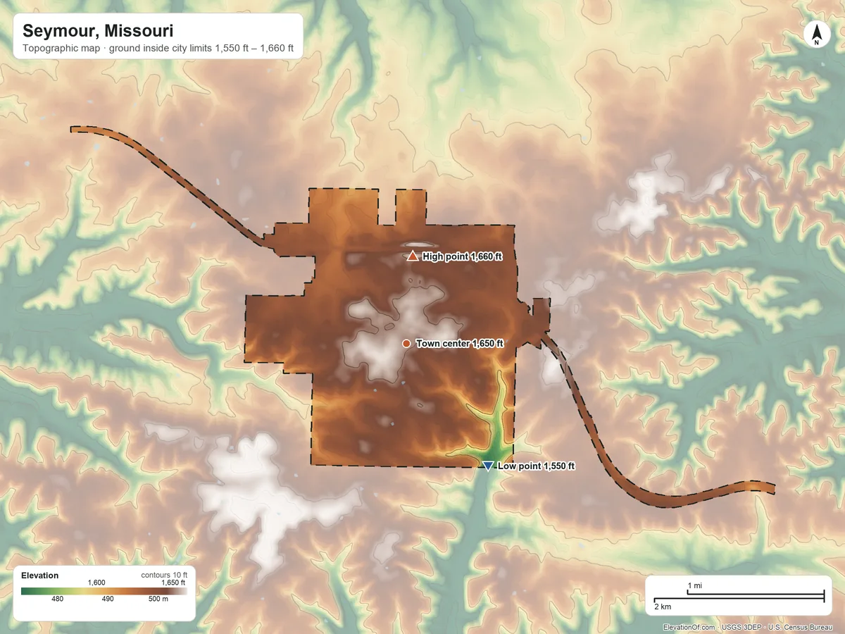 Topographic elevation map of Seymour, Missouri, shaded from 1,550 ft on the southeast side to 1,660 ft on the north side