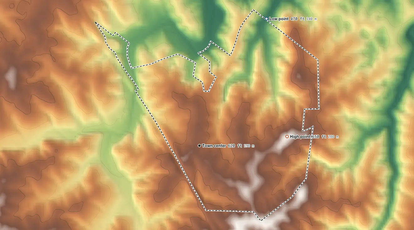 Topographic elevation map of Shakertowne, Missouri, shaded from 470 ft on the northeast side to 650 ft on the east side
