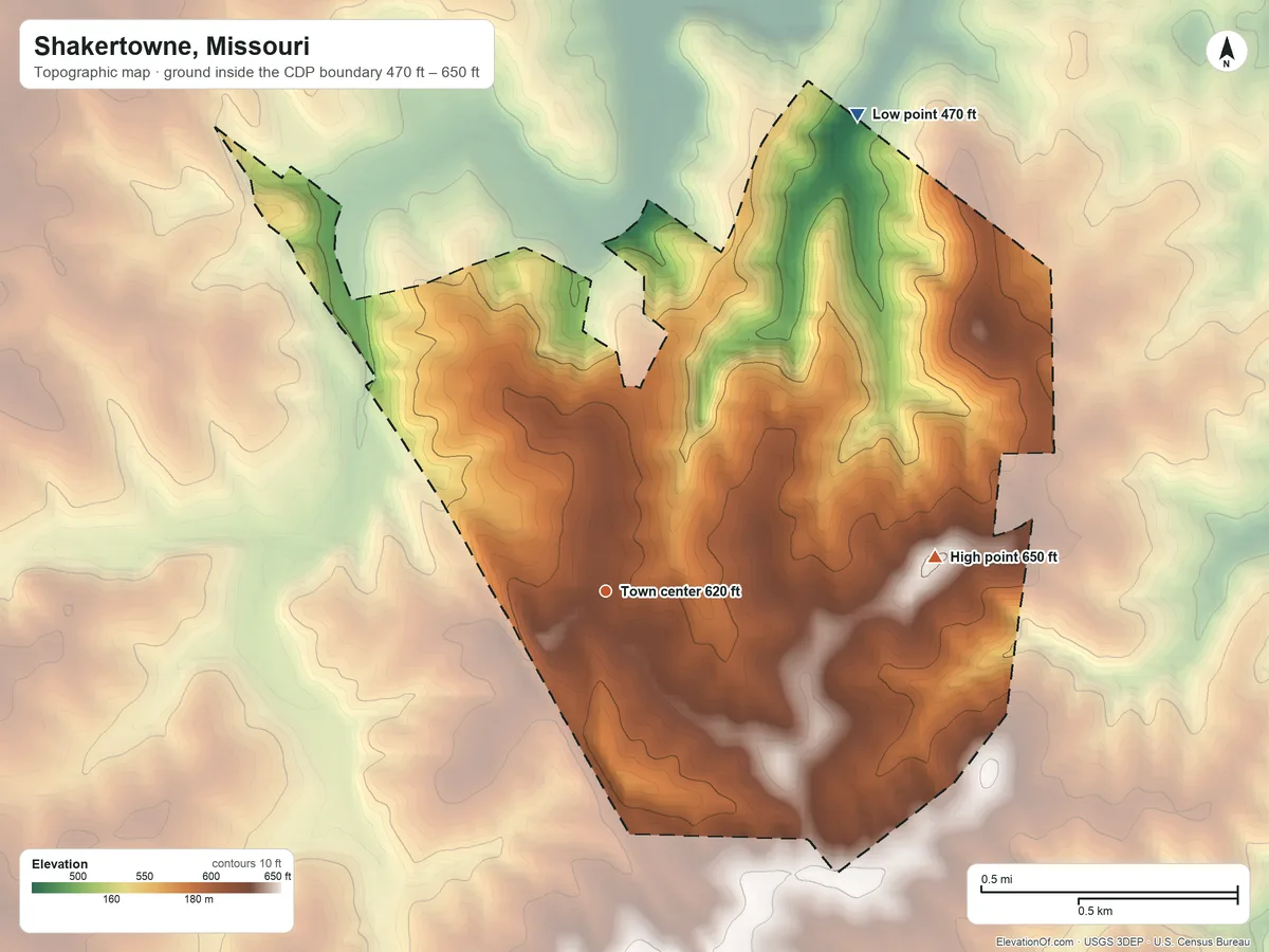 Topographic elevation map of Shakertowne, Missouri, shaded from 470 ft on the northeast side to 650 ft on the east side