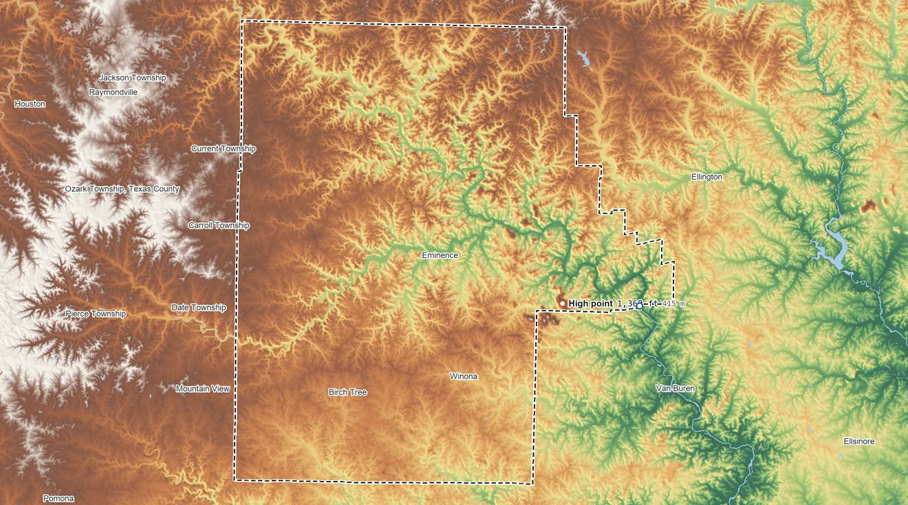 Topographic elevation map of Shannon County, Missouri, shaded from 480 ft on the east side to 1,360 ft on Thorny Mountain