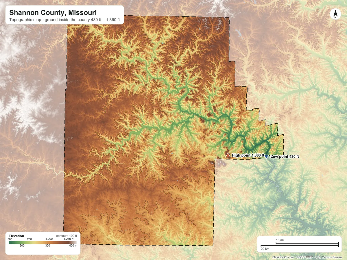Topographic elevation map of Shannon County, Missouri, shaded from 480 ft on the east side to 1,360 ft on Thorny Mountain