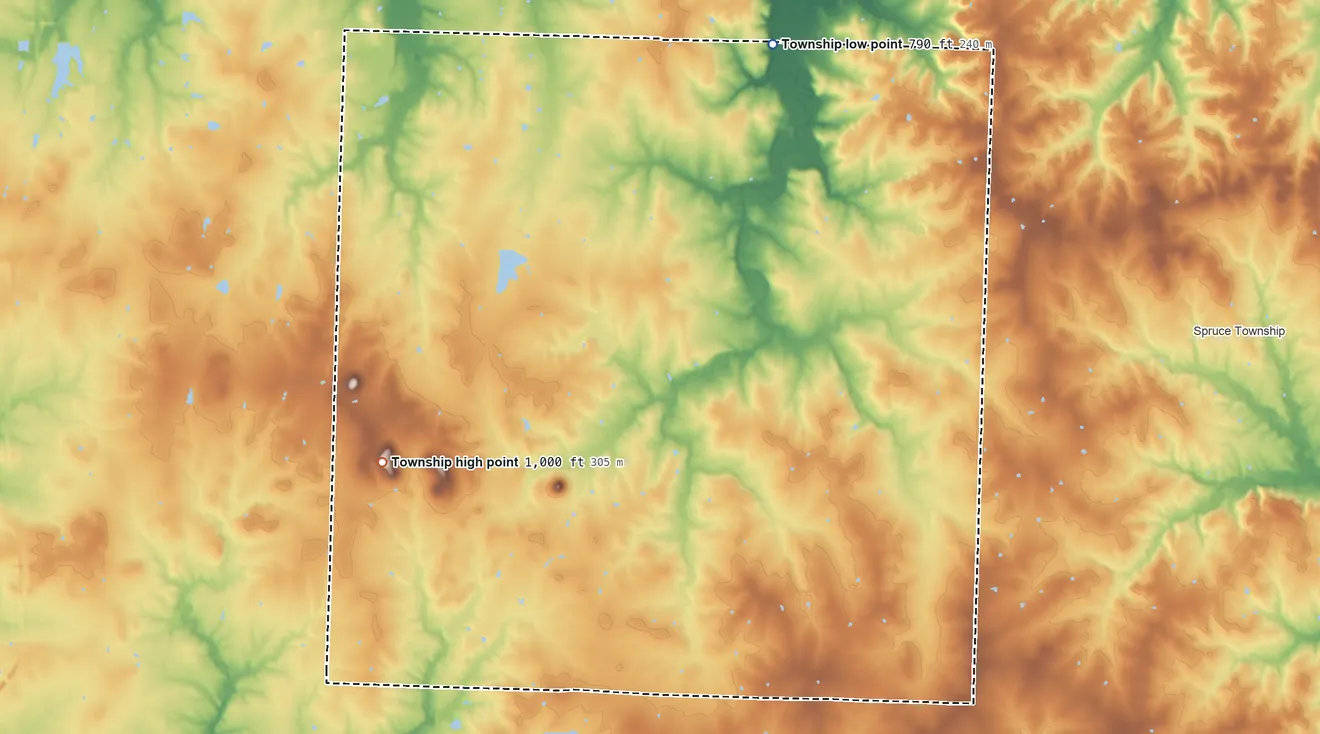 Topographic elevation map of Shawnee Township, Bates County, Missouri, shaded from 790 ft on the northeast side to 1,000 ft on the southwest side