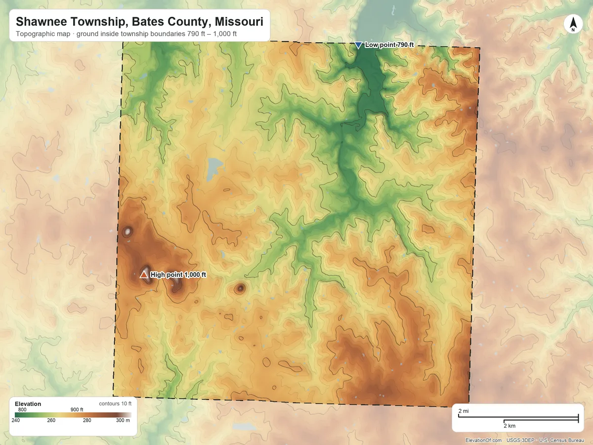 Topographic elevation map of Shawnee Township, Bates County, Missouri, shaded from 790 ft on the northeast side to 1,000 ft on the southwest side