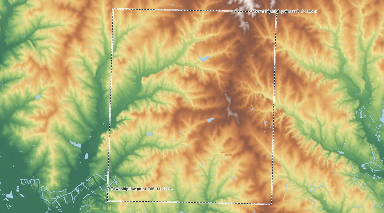 Topographic elevation map of Shawnee Township, Missouri, shaded from 760 ft on the southwest side to 990 ft on the north side