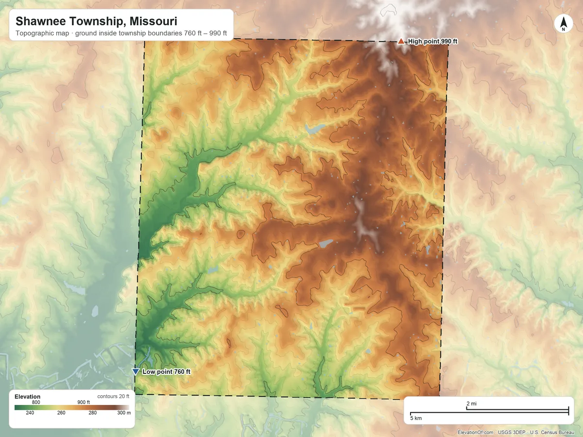 Topographic elevation map of Shawnee Township, Missouri, shaded from 760 ft on the southwest side to 990 ft on the north side