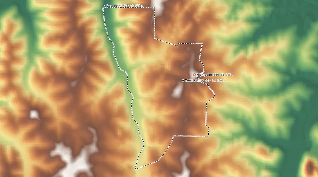 Topographic elevation map of Shawneetown, Missouri, shaded from 420 ft on the northwest side to 530 ft near the middle